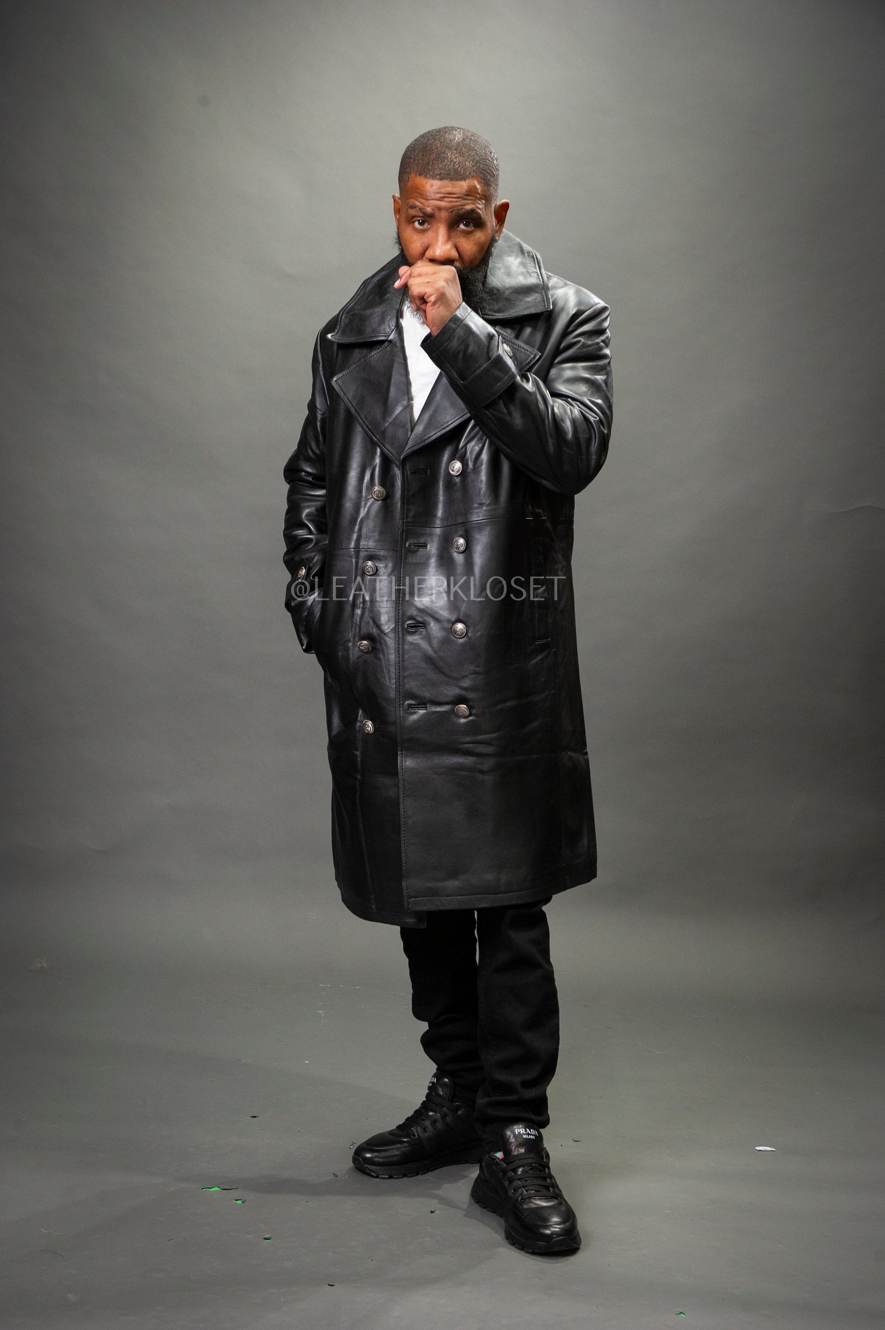mens leather dress coat Men's Long Black Real Cowhide Leather Trench Coat
