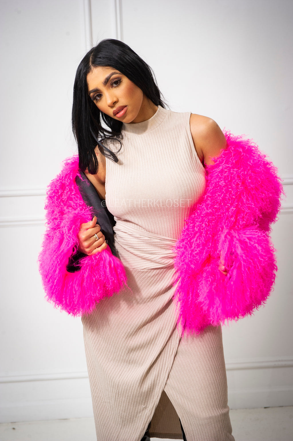 Women's Celia Mongolian Fur Jacket [Hot Pink]