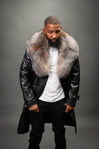 Men's Leather Trench Coat With Fox Fur Collar [Black/Crystal Fox]