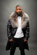 Men's Leather Trench Coat With Fox Fur Collar [Black/Crystal Fox]