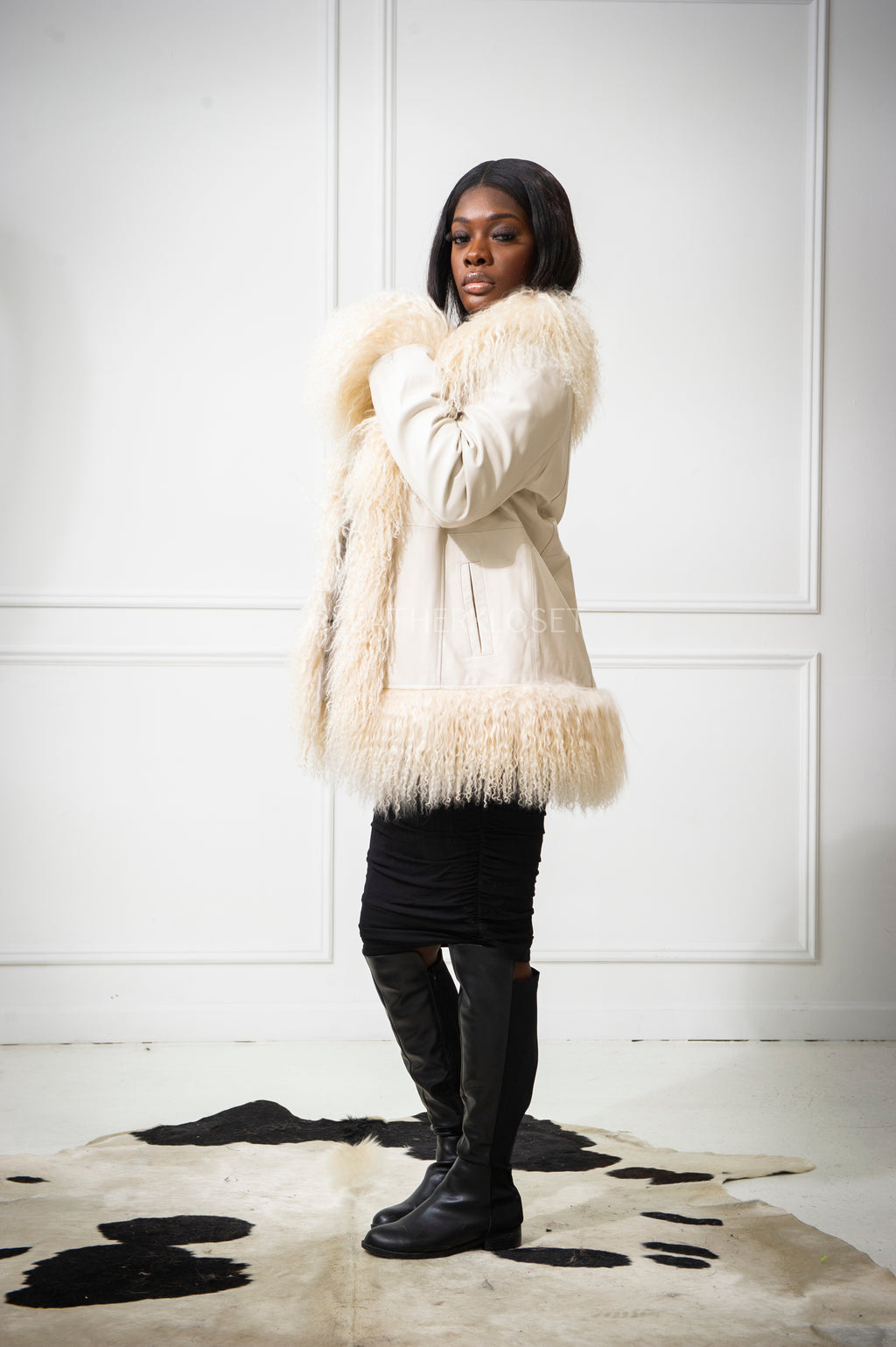 Women's Hazel Leather And Mongolian Fur [Beige/Beige]