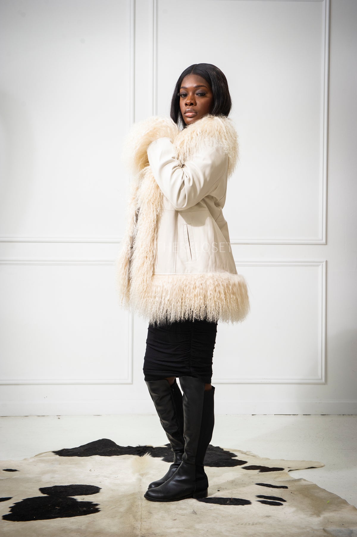 Women's Hazel Leather And Mongolian Fur [Beige/Beige]