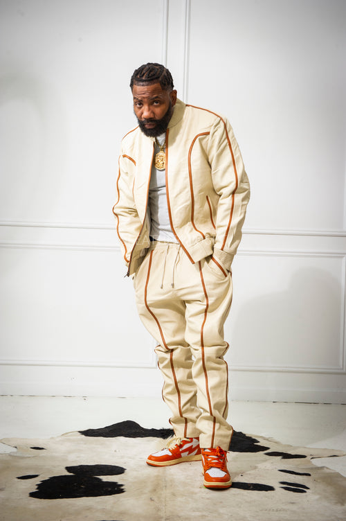 Men's Brayden Leather Track Suit Sweatsuit [Beige/Saddle]