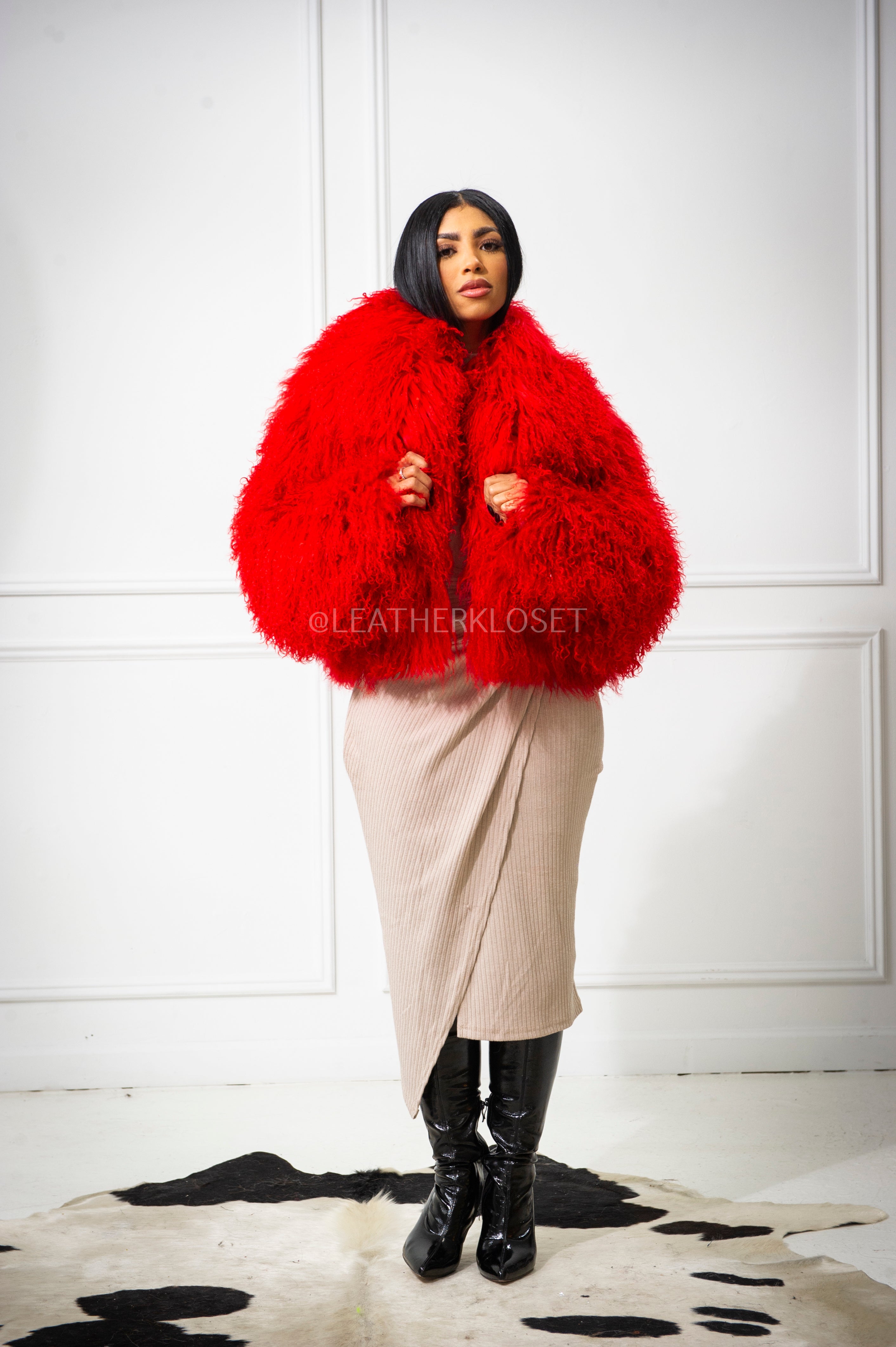 Women's Celia Mongolian Fur Jacket [Red] – LeatherKloset