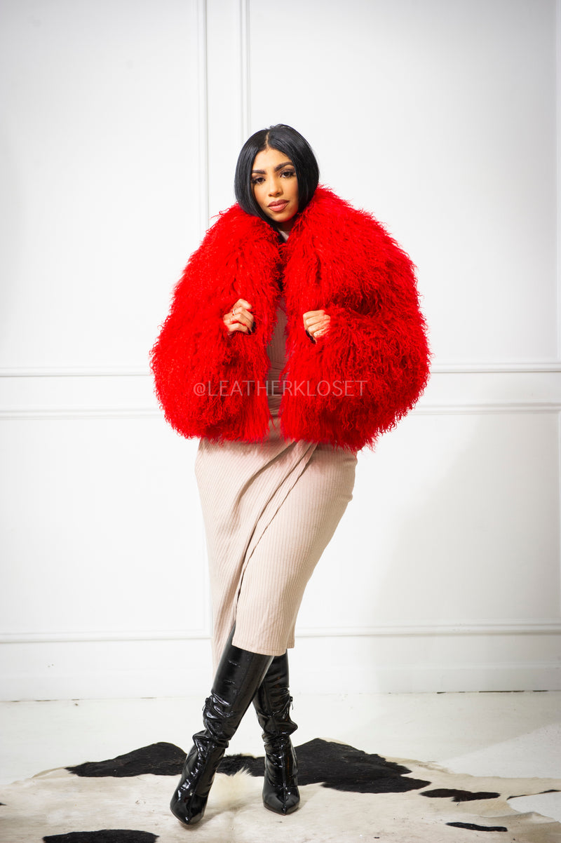 Women's Celia Mongolian Fur Jacket [Red]