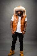 Men's Leather Bubble Vest With Fox Fur Hood [Saddle Brown]