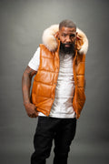 Men's Leather Bubble Vest With Fox Fur Hood [Saddle Brown]