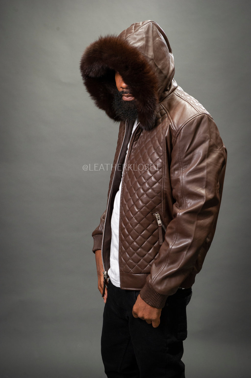 Men's Lucas Quilted Leather Bomber Jacket With Fox Hood [Chocolate Fox]