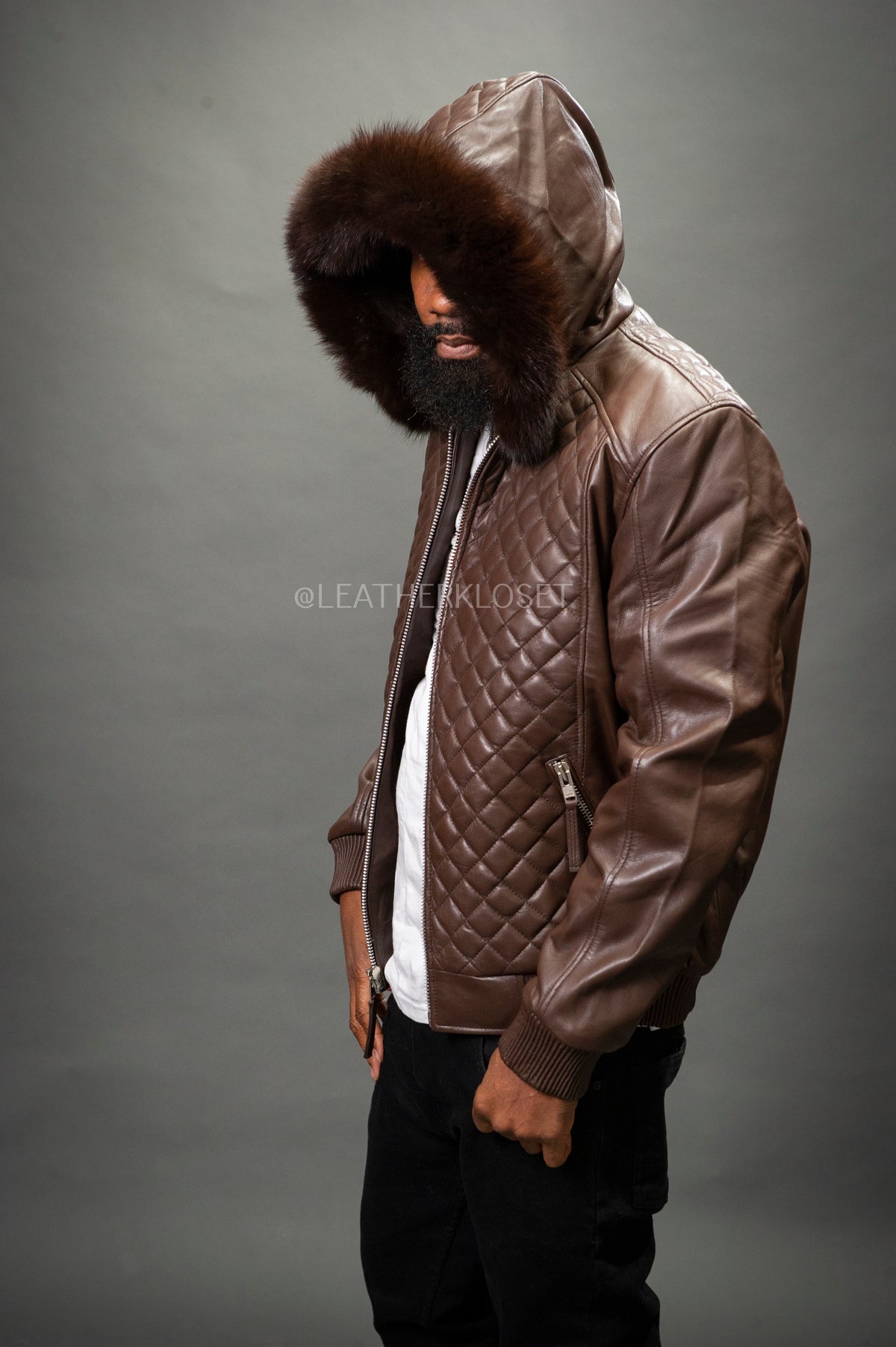 Men's Lucas Quilted Leather Bomber Jacket With Fox Hood [Chocolate Fox]