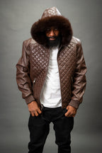 Men's Lucas Quilted Leather Bomber Jacket With Fox Hood [Chocolate Fox]