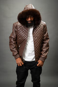 Men's Lucas Quilted Leather Bomber Jacket With Fox Hood [Chocolate Fox]