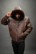 Men's Lucas Quilted Leather Bomber Jacket With Fox Hood [Chocolate Fox]