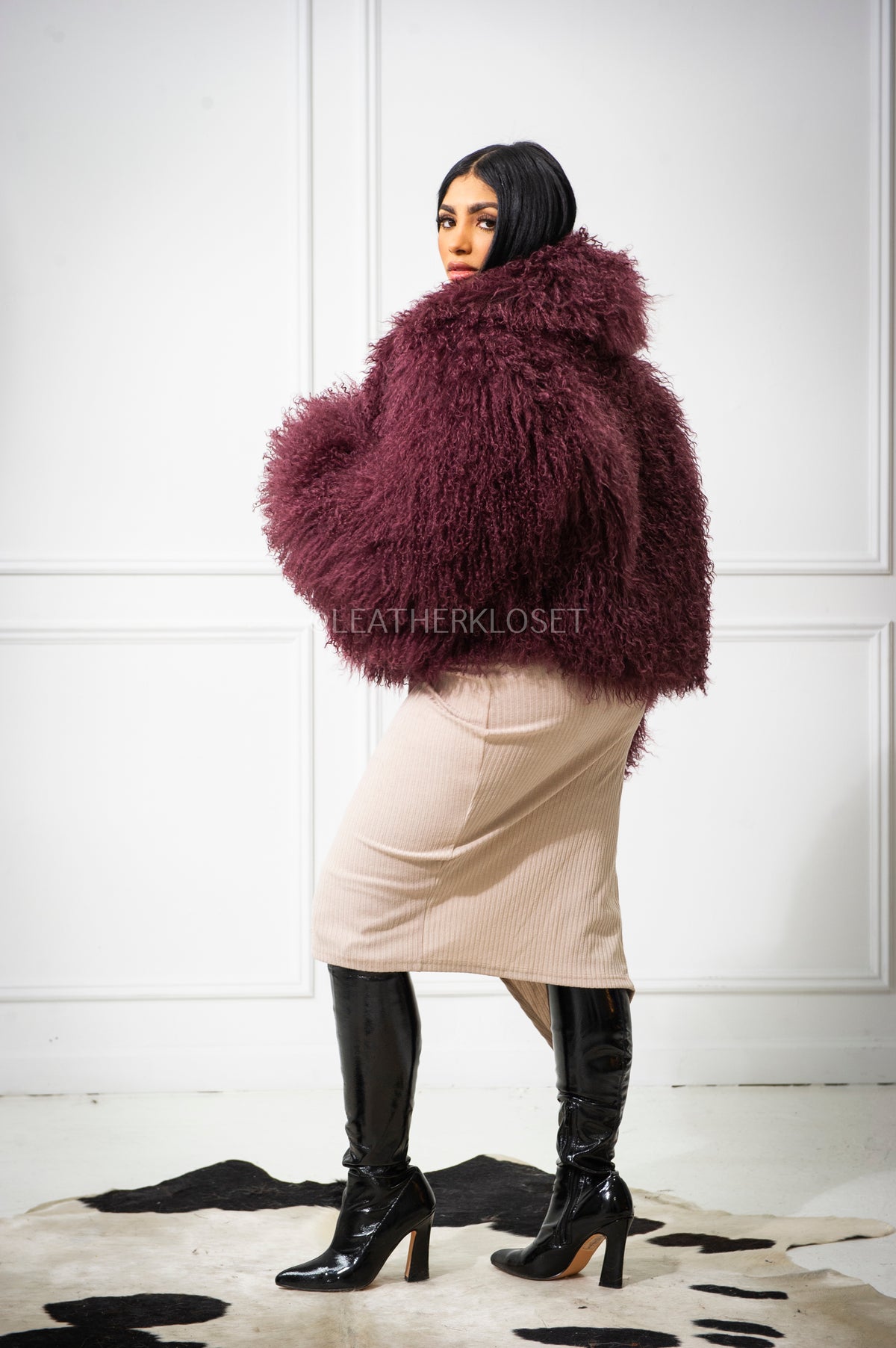 Women's Celia Mongolian Fur Jacket [Wine]