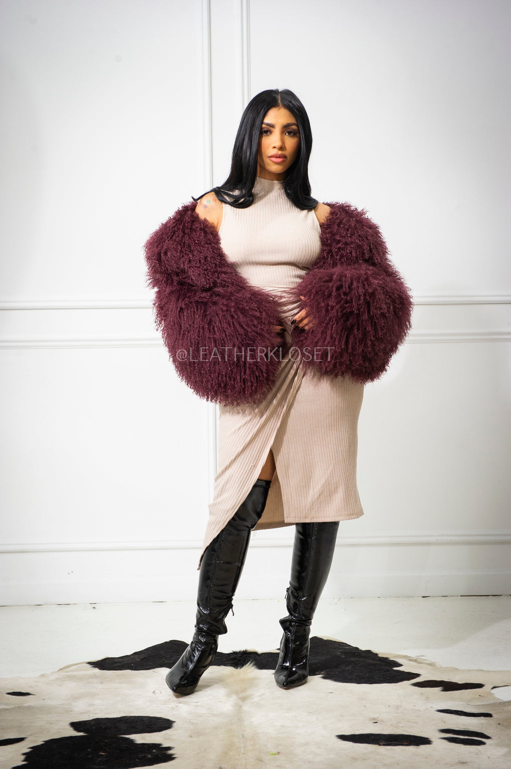 Women's Celia Mongolian Fur Jacket [Wine]