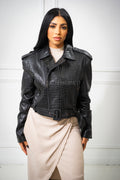 Women's Esther Crop Croco Leather Biker Jacket [Black]