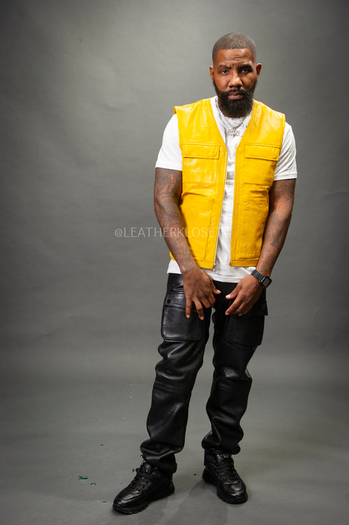 Men's 2 Live and Die Vest With Leather Cargo Pants [Black/Yellow]