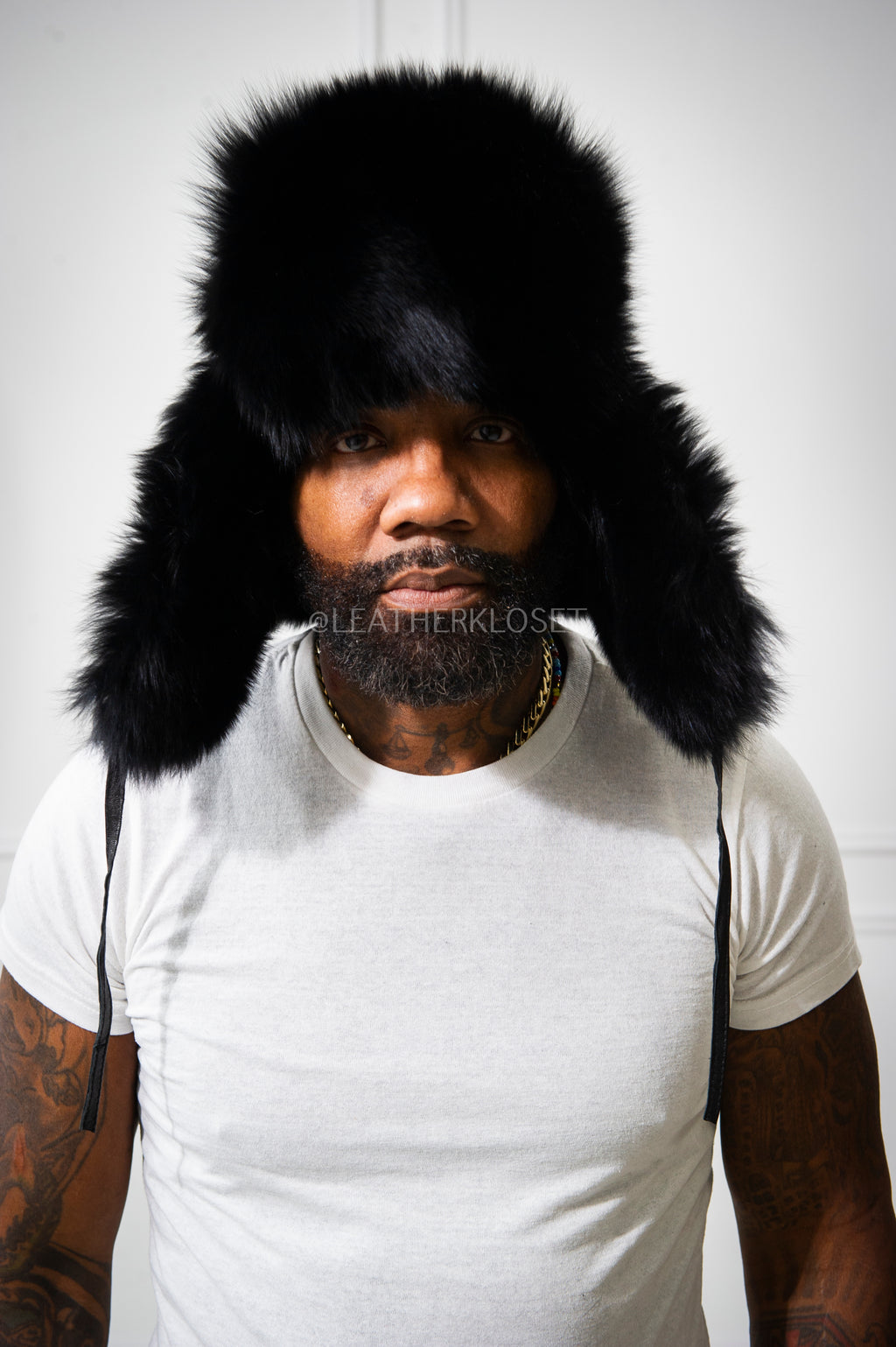 Unisex Leather And Fox Russian Trooper Hat [Black]
