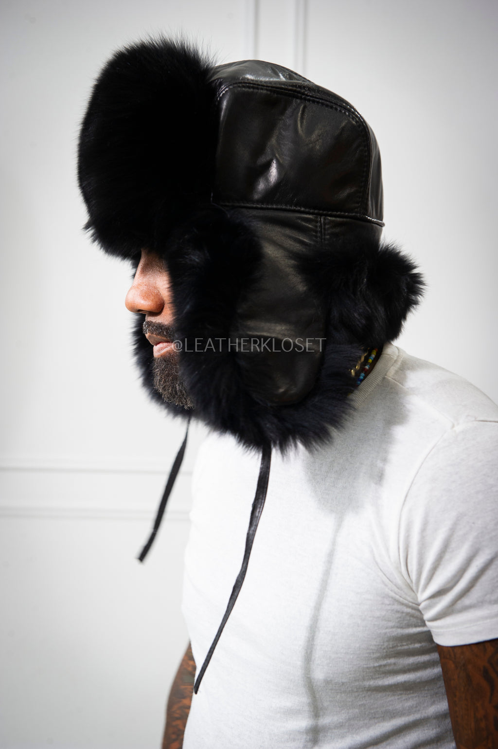 Unisex Leather And Fox Russian Trooper Hat [Black]