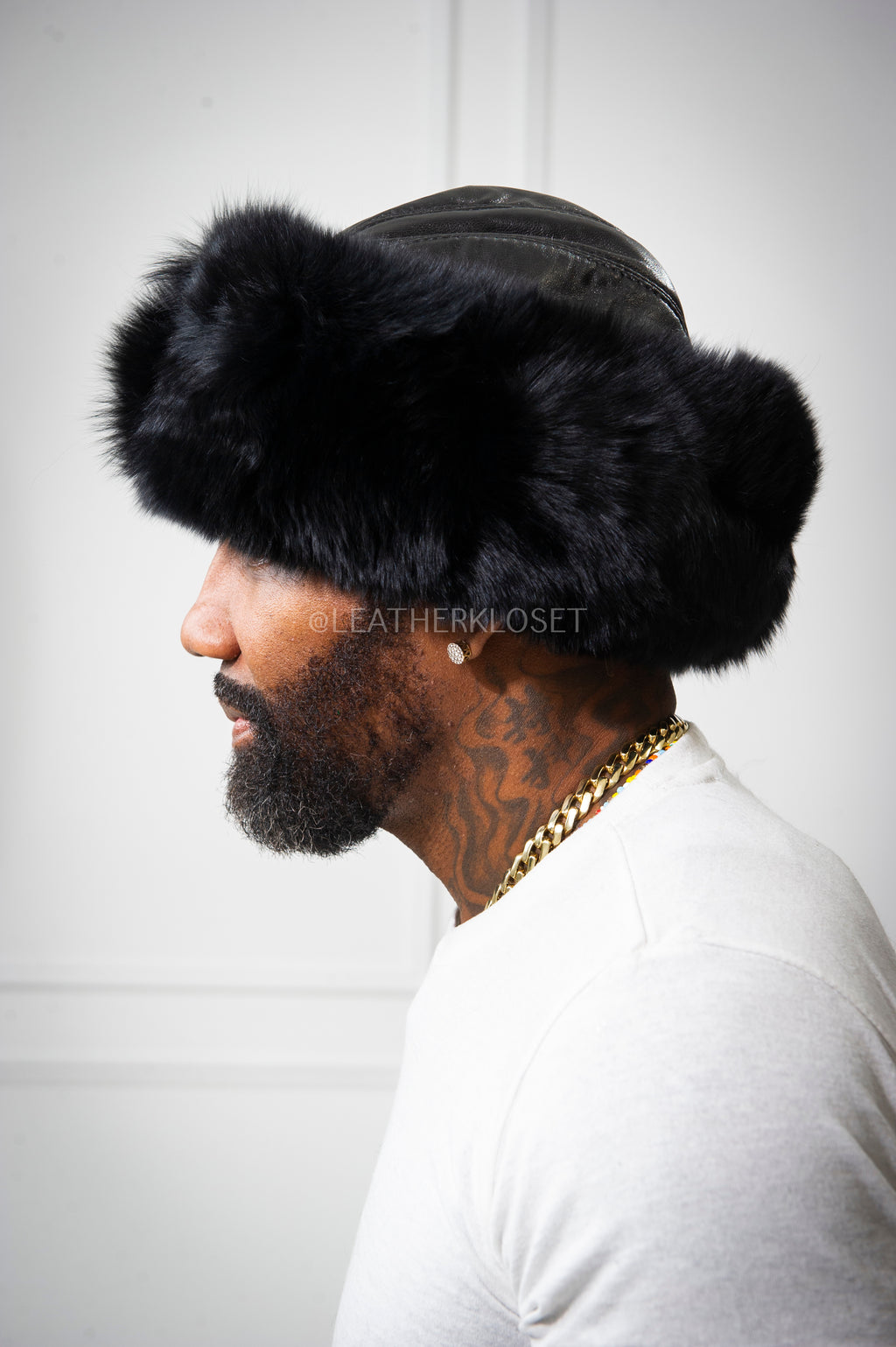 Men's Leather And Fox Russian Hat [Black]