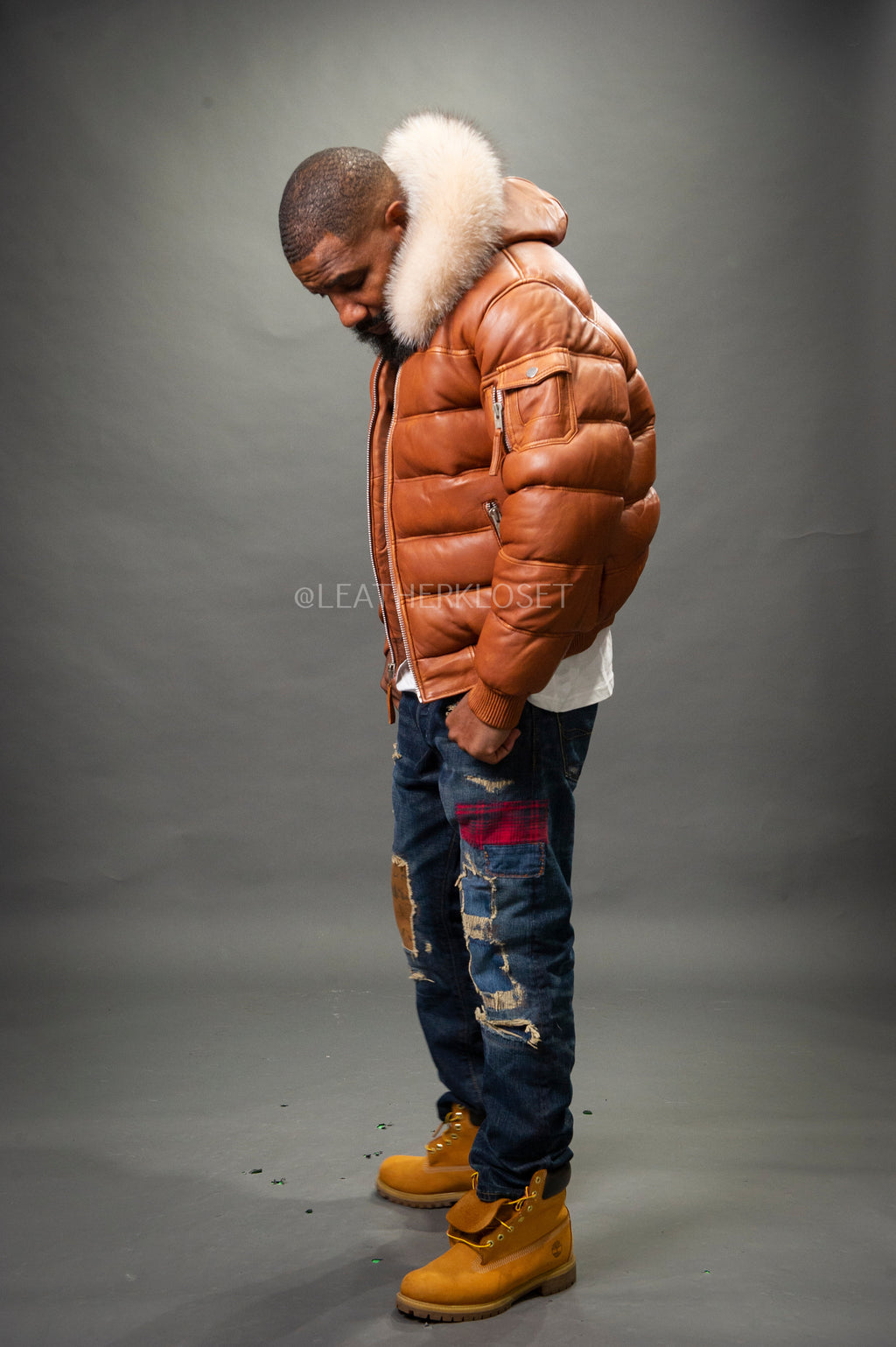 Men’s Aspen Leather Bubble Bomber Jacket [Caramel Crunch]
