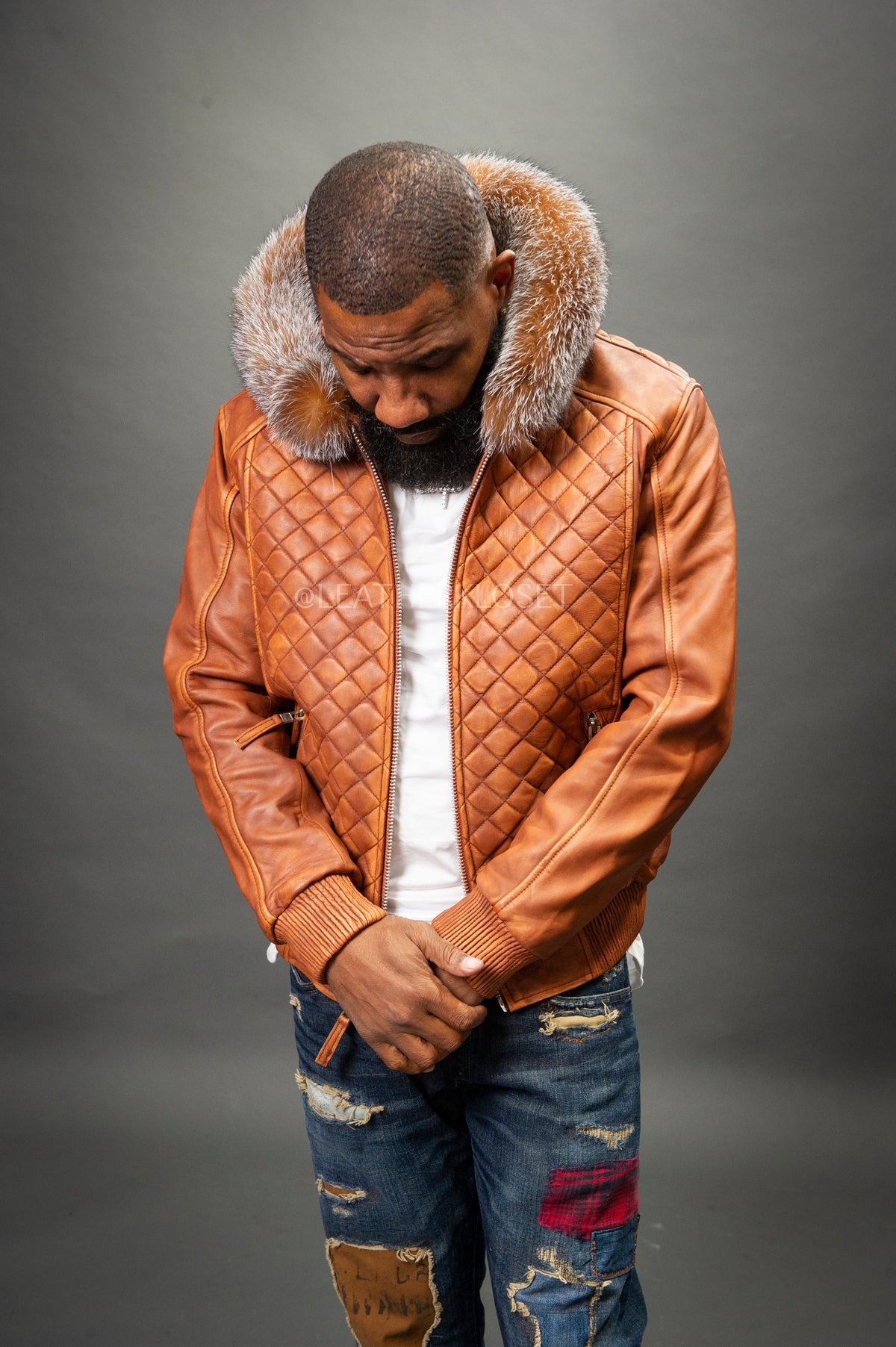 Men's Lucas Quilted Leather Bomber Jacket Hood [Caramel Crunch]