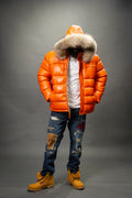 Men’s Alpine Leather Bubble Bomber Jacket [Orange]