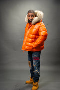 Men’s Alpine Leather Bubble Bomber Jacket [Orange]