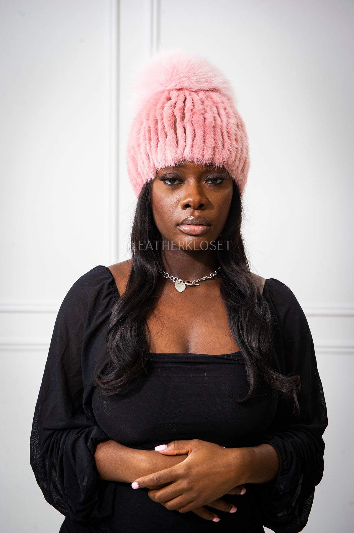 Women's Knitted Mink Beanie [Pink]