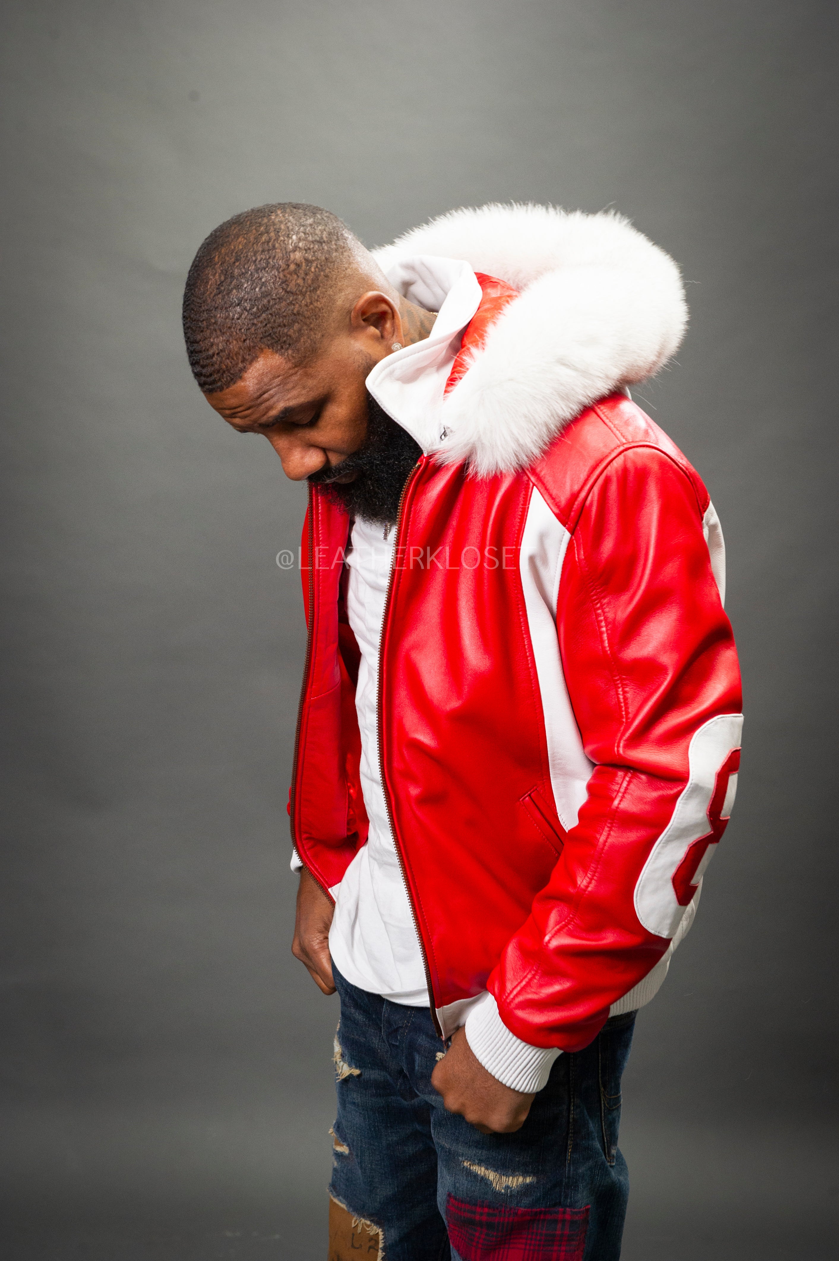Men's 8 Ball Leather Jacket With Fox Hood [White/Red] – LeatherKloset