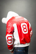 Men's 8 Ball Leather Jacket With Fox Hood [White/Red]
