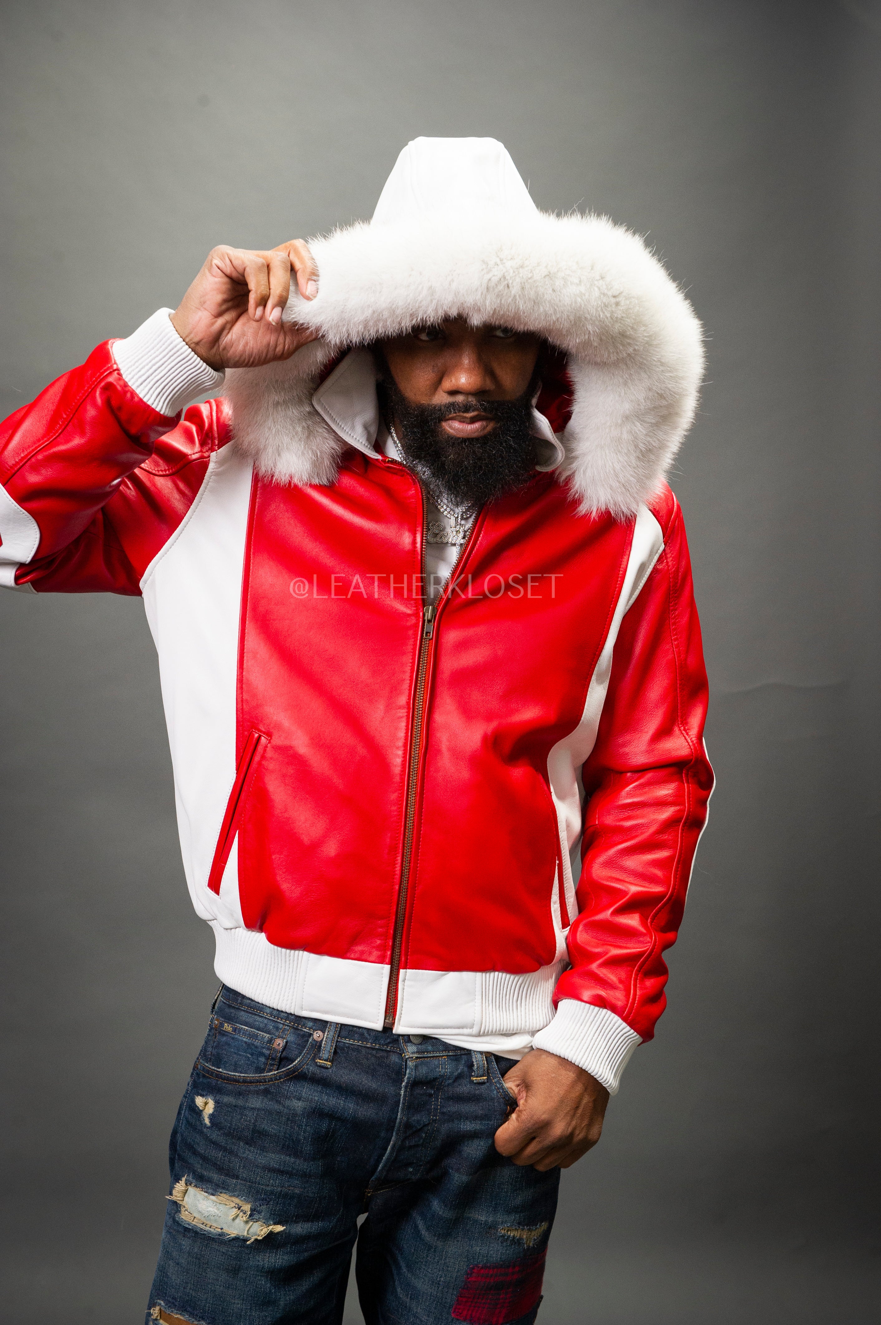 Men's 8 Ball Leather Jacket With Fox Hood [White/Red] – LeatherKloset
