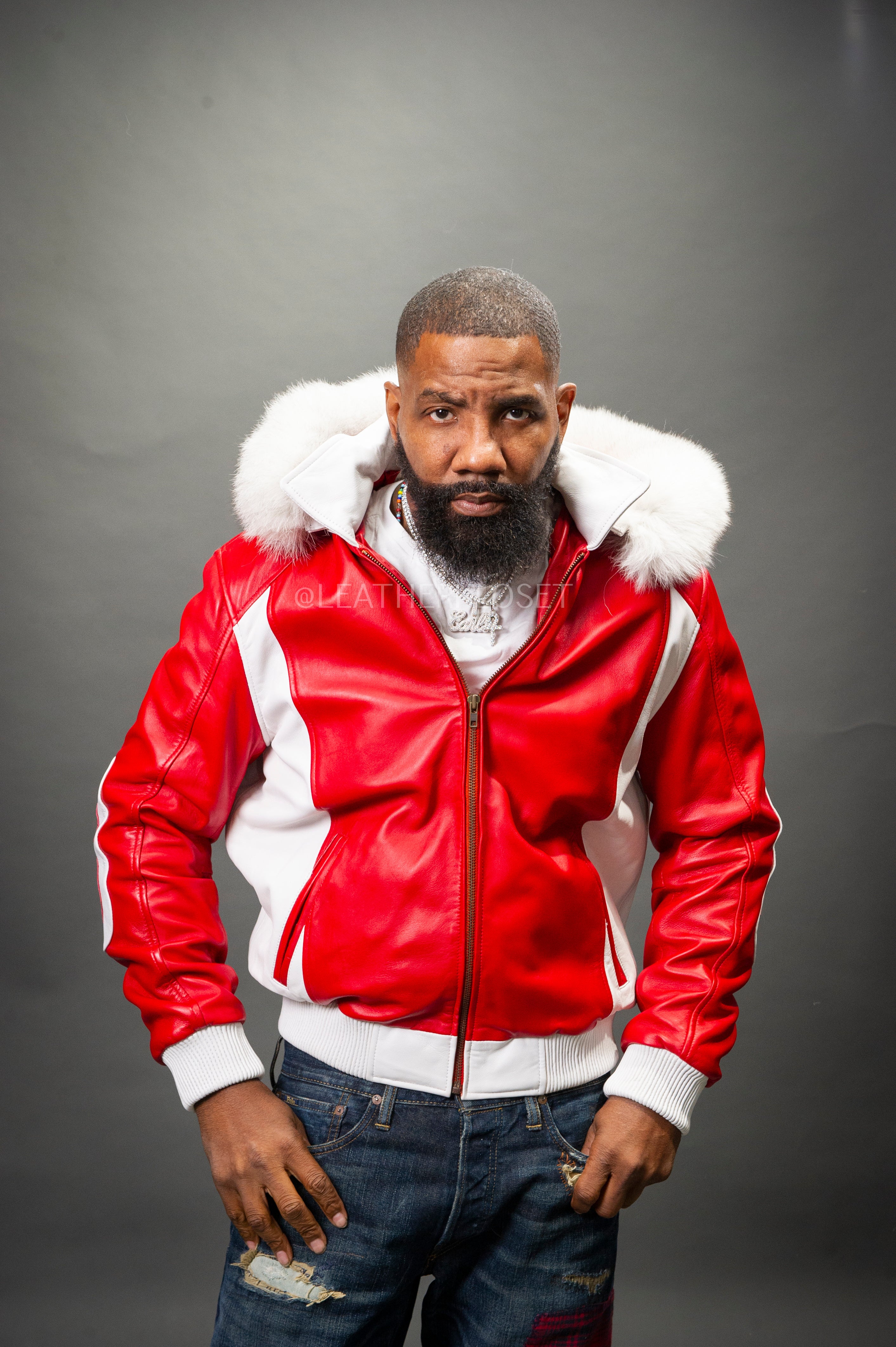 Men's 8 Ball Leather Jacket With Fox Hood [White/Red] – LeatherKloset
