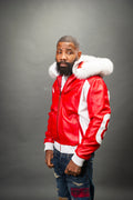 Men's 8 Ball Leather Jacket With Fox Hood [White/Red]