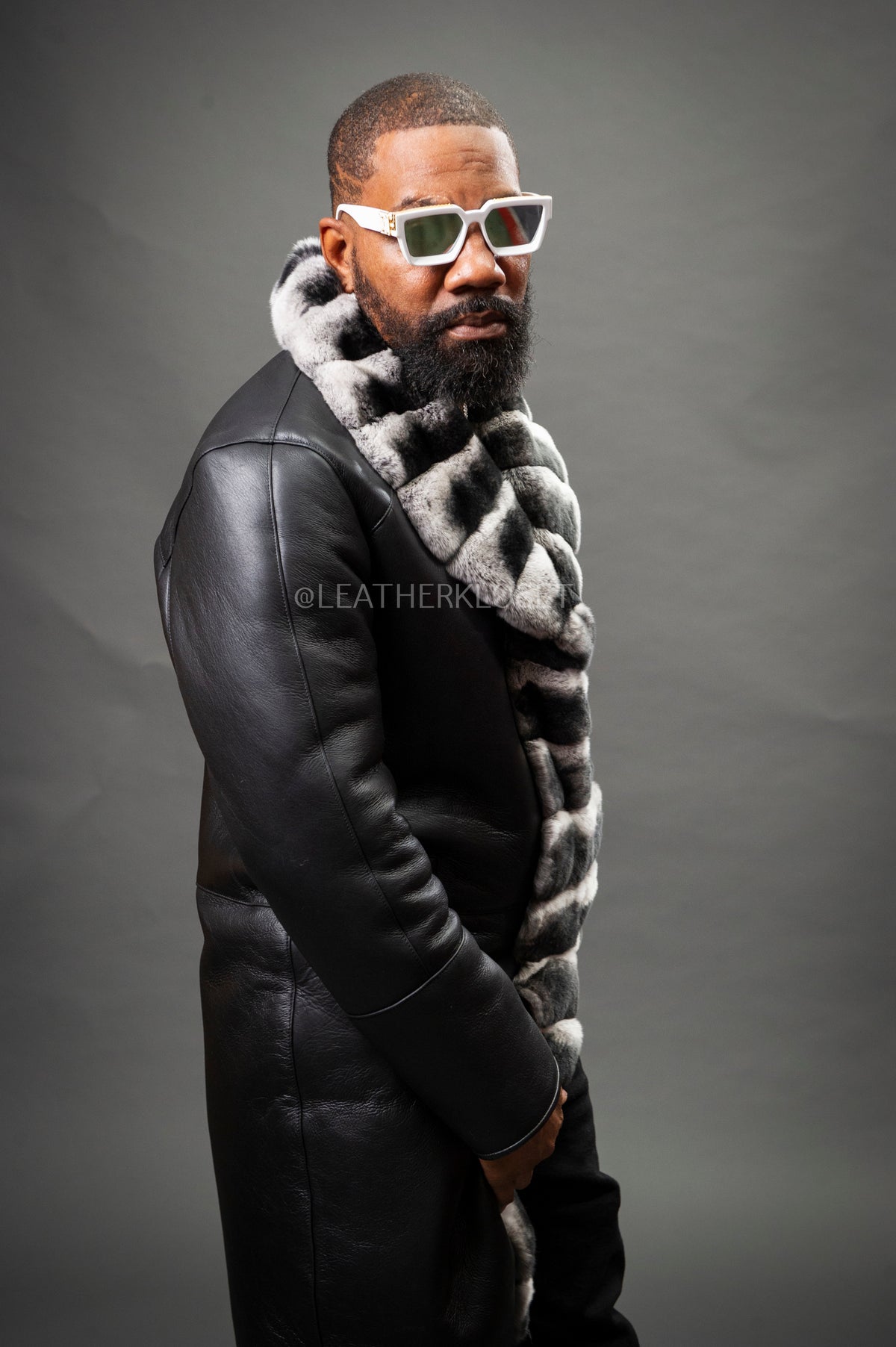 Men's Shearling Sheepskin Car Coat With Rex Chinchilla Trim
