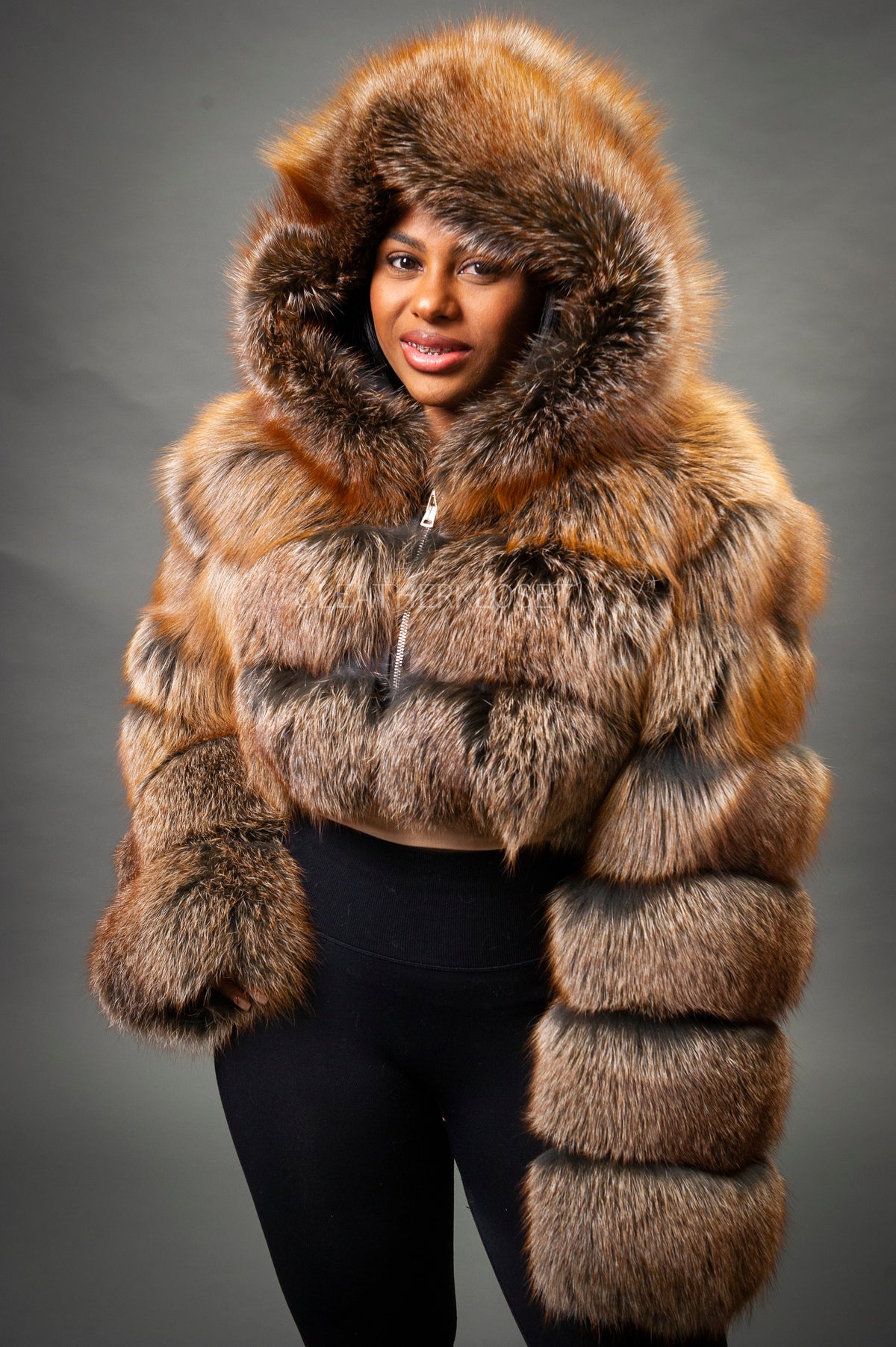 Women's Crop Fox Bomber With Hood [Ginger]