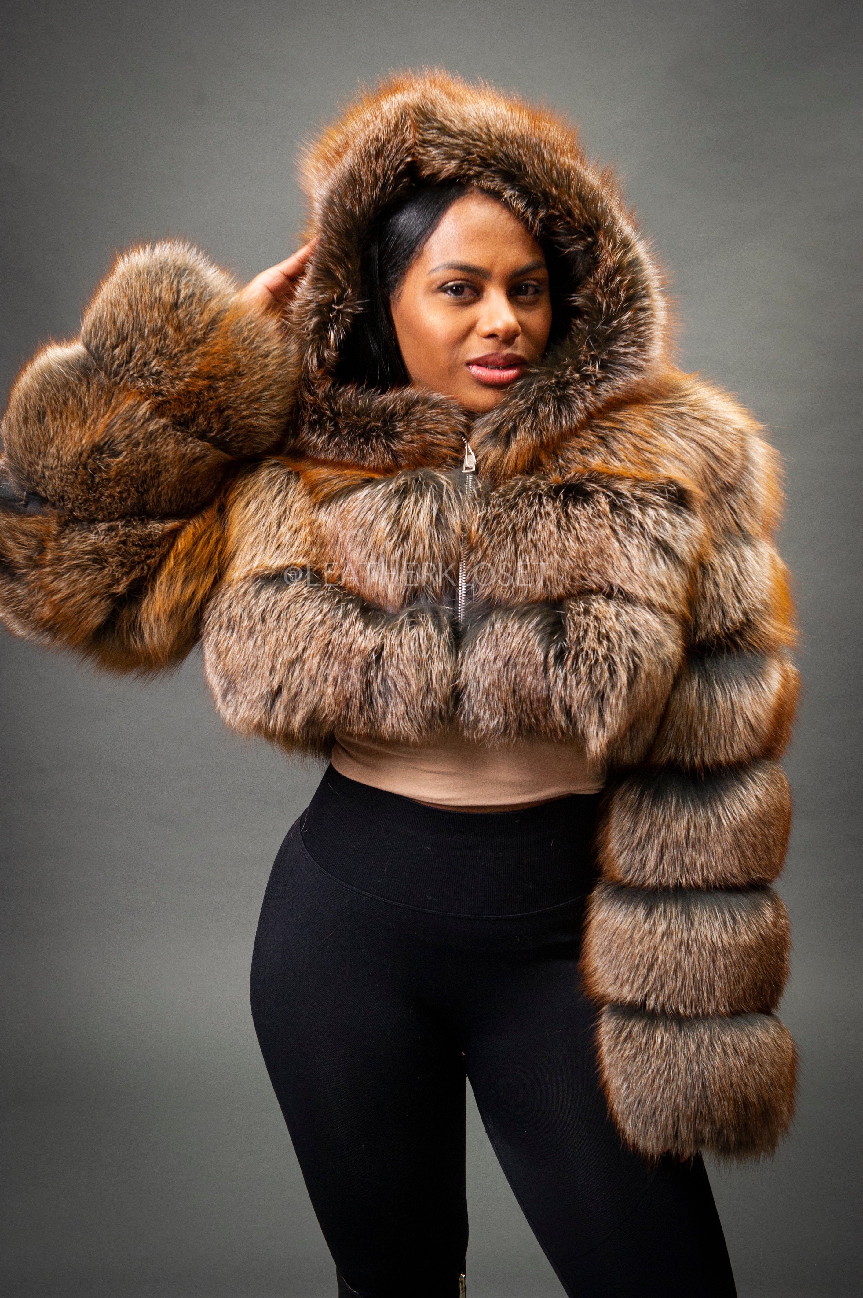 Women's Crop Fox Bomber With Hood [Ginger] – LeatherKloset