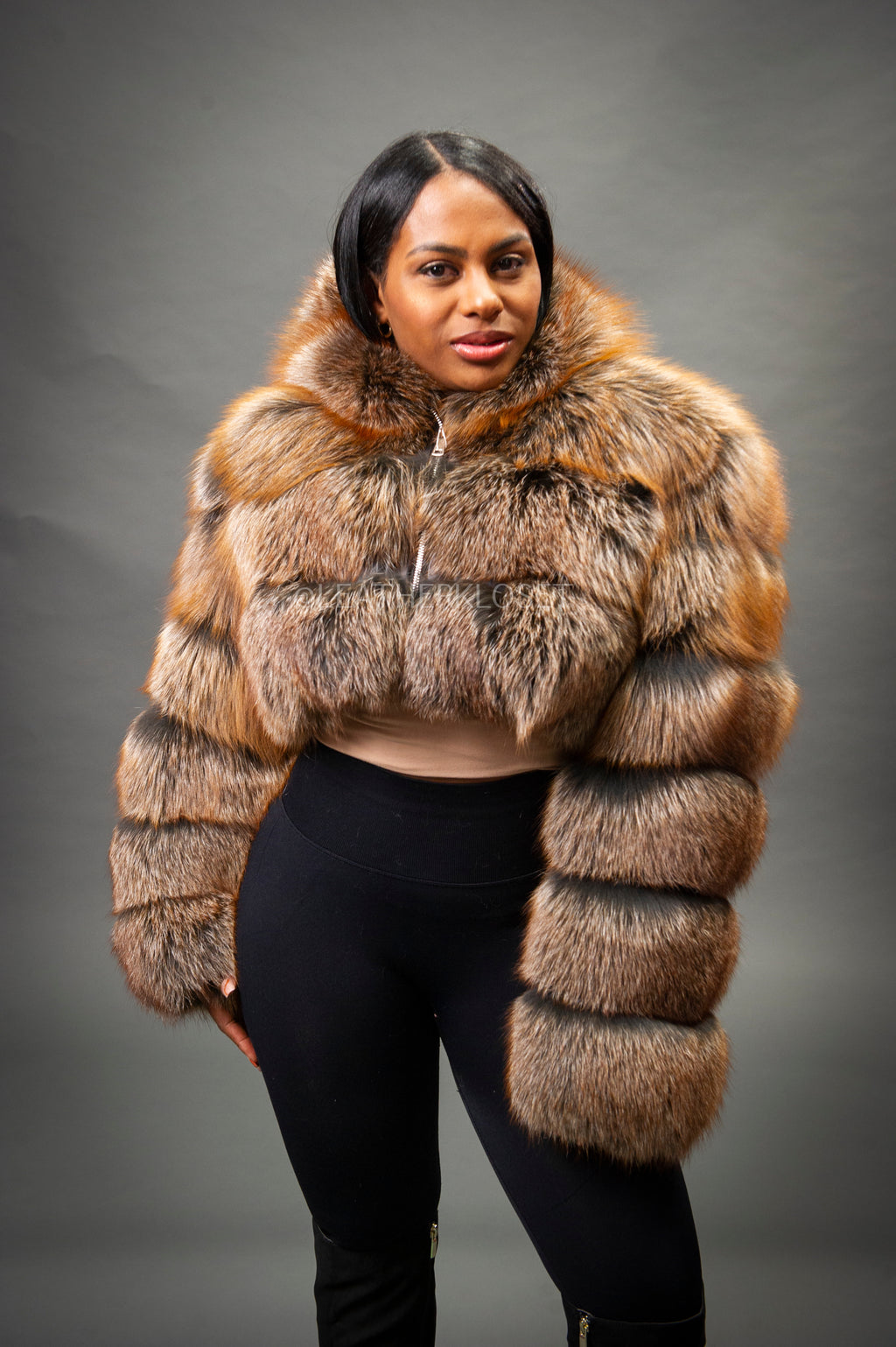 Women's Crop Fox Bomber With Hood [Ginger]