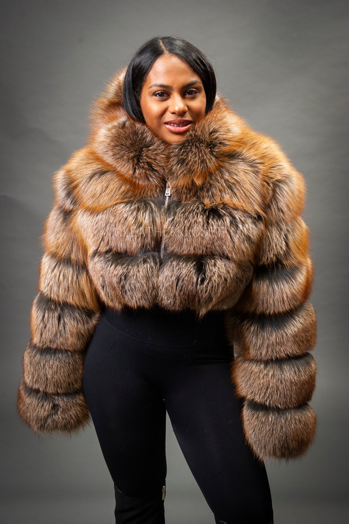 Women's Crop Fox Bomber With Hood [Ginger]