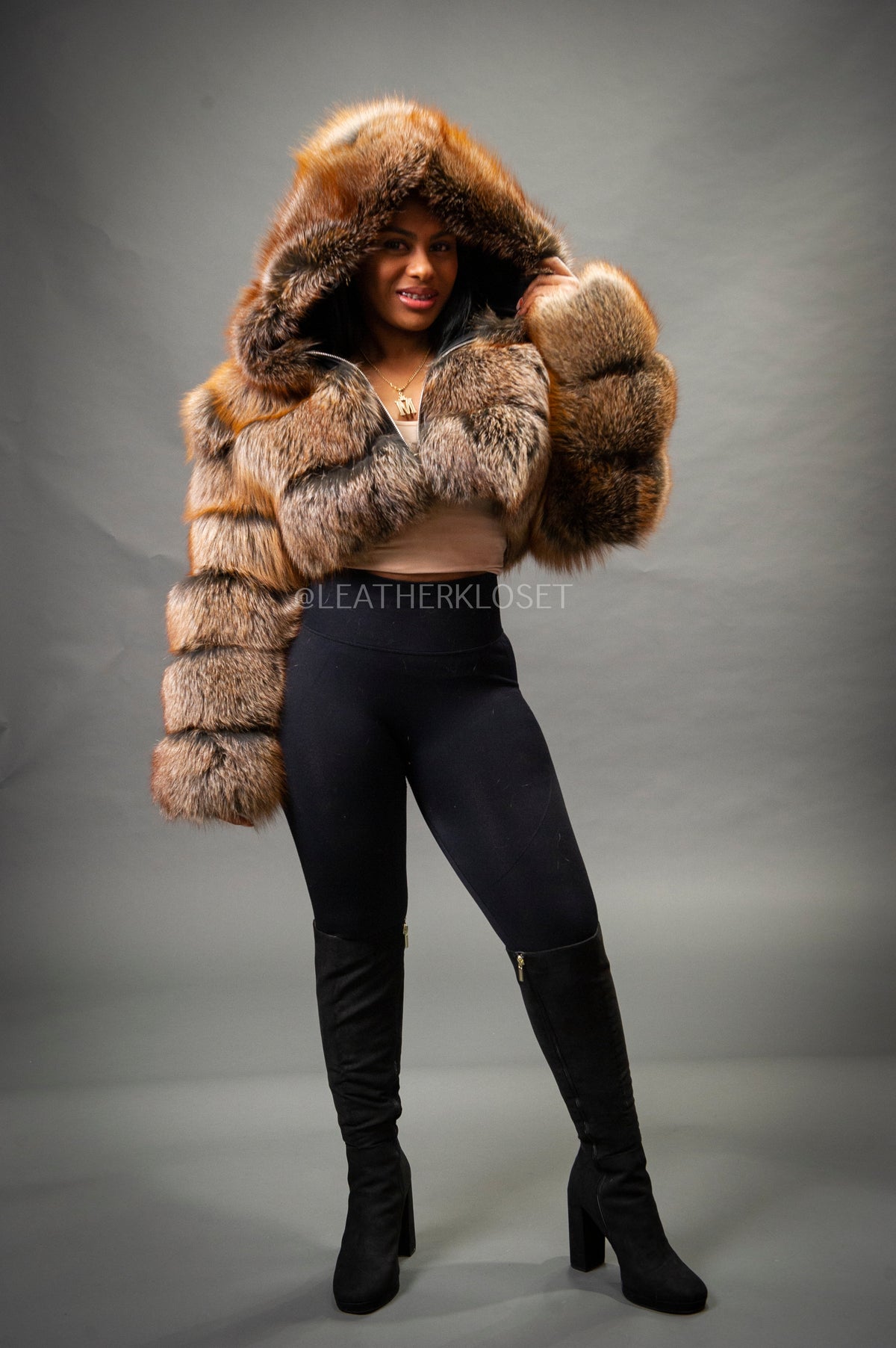 Women's Crop Fox Bomber With Hood [Ginger]