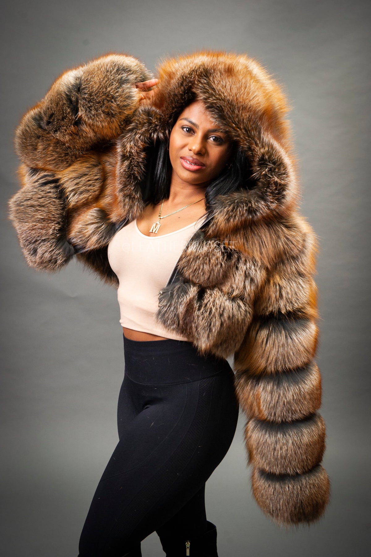 Women's Crop Fox Bomber With Hood [Ginger]
