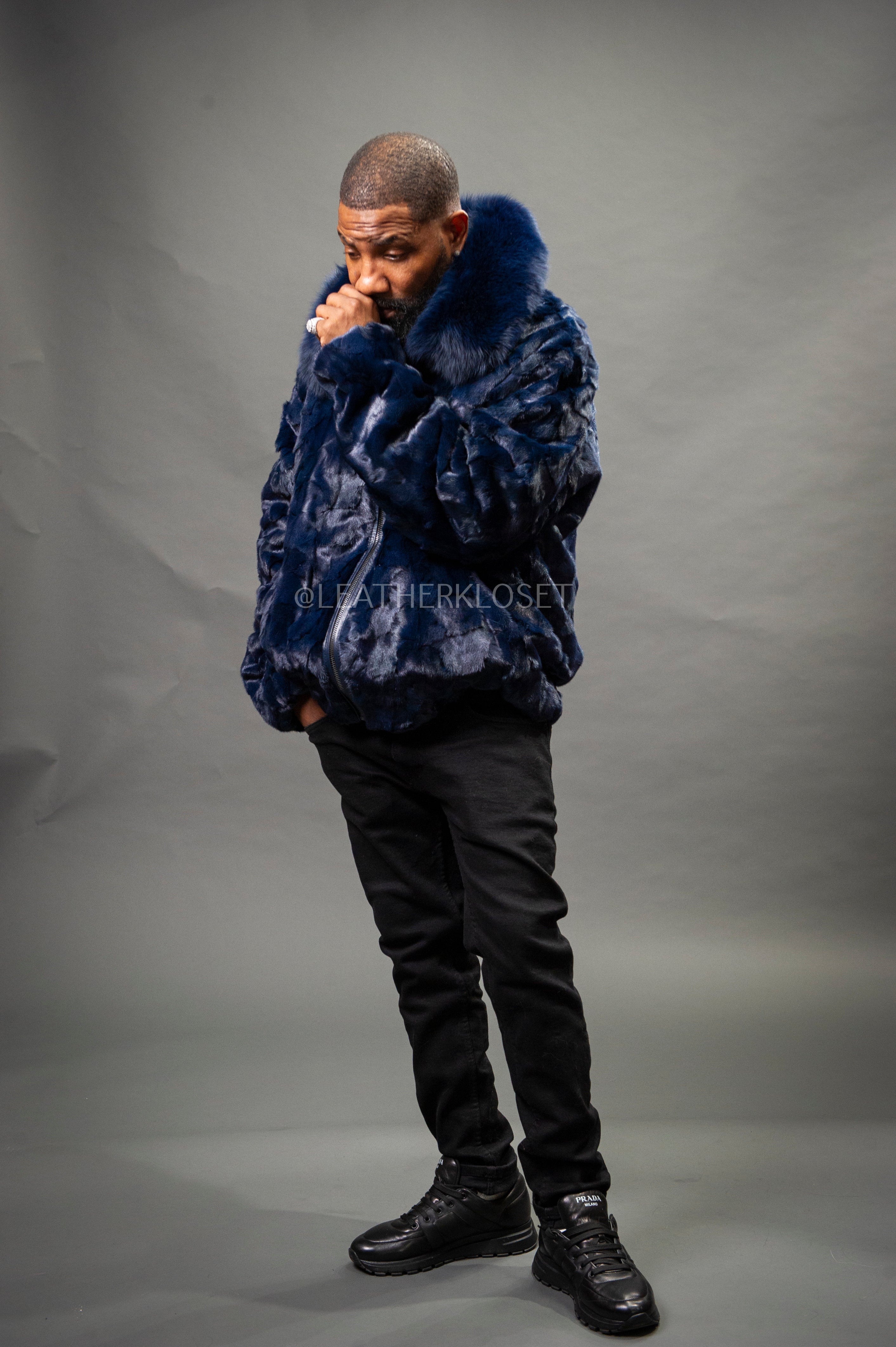 Men's Mink with Fox Fur Bomber Jacket [Navy Blue] – LeatherKloset