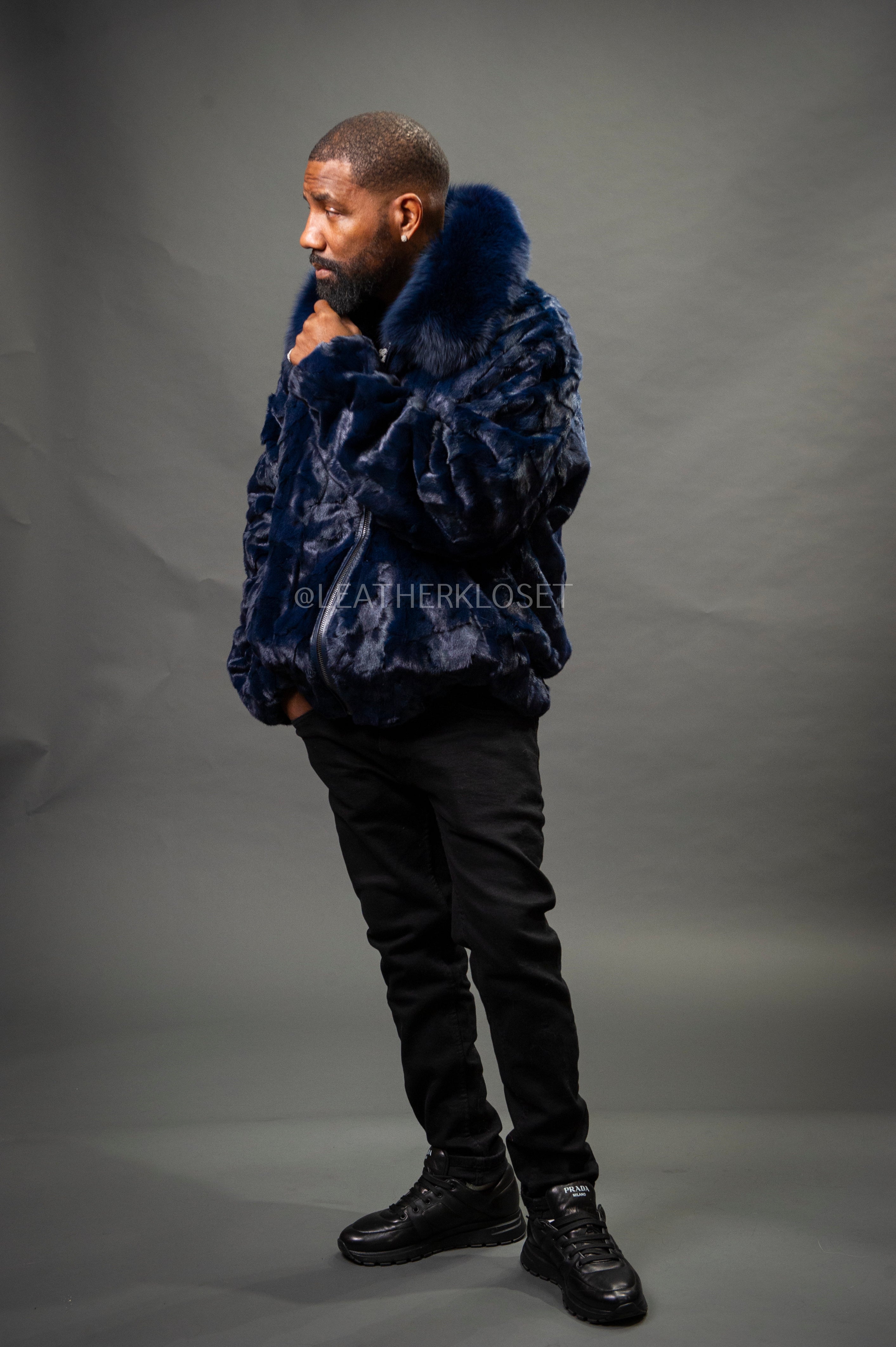 Men's Mink with Fox Fur Bomber Jacket [Navy Blue] – LeatherKloset