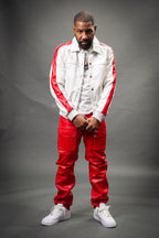 Men's Leather Track Jacket And Pants Set [White/Red]