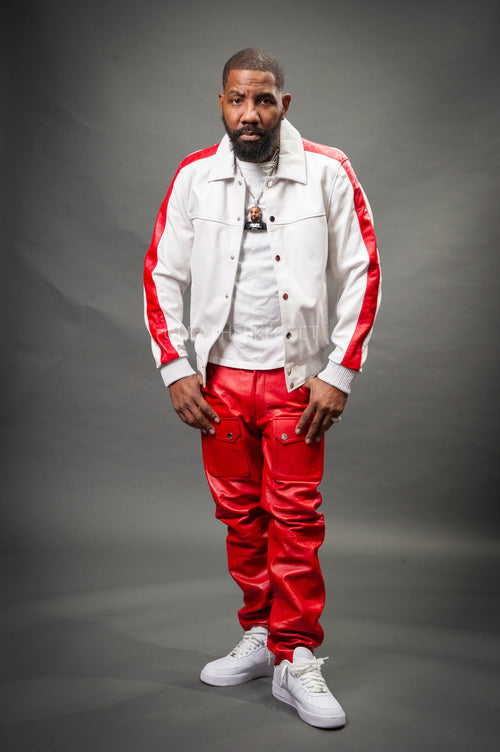 Men's Leather Track Jacket And Pants Set [White/Red]