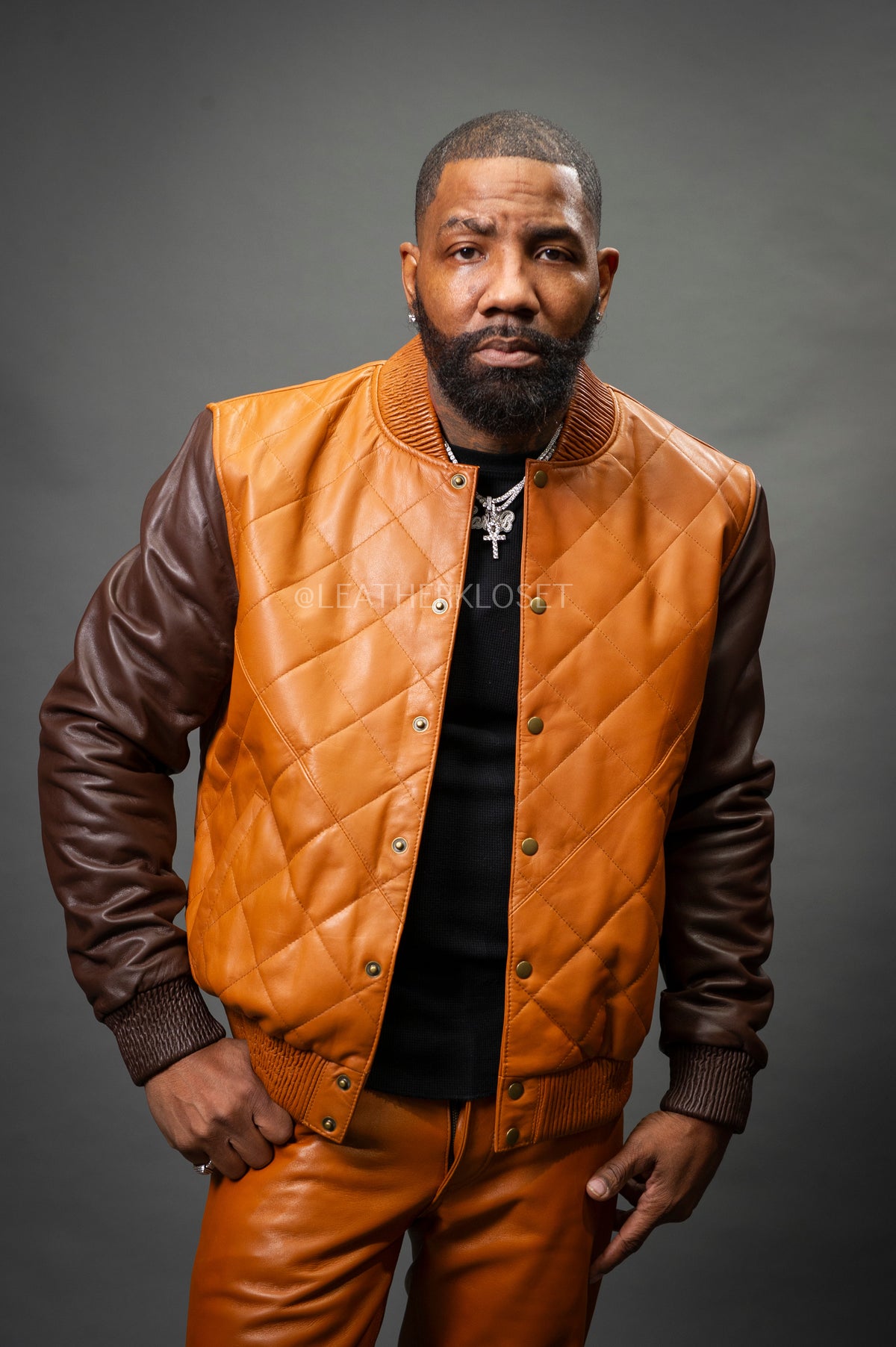 Men's Adan All-Leather Varsity Jacket [Saddle/Chocolate]