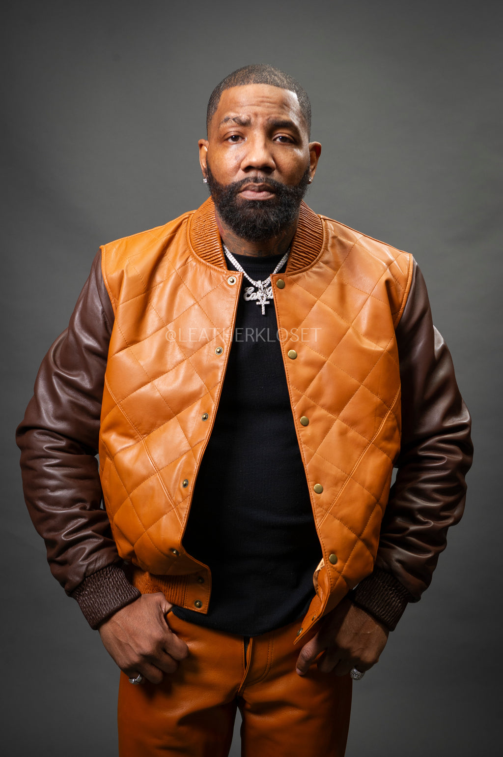 Men's Adan All-Leather Varsity Jacket [Saddle/Chocolate]