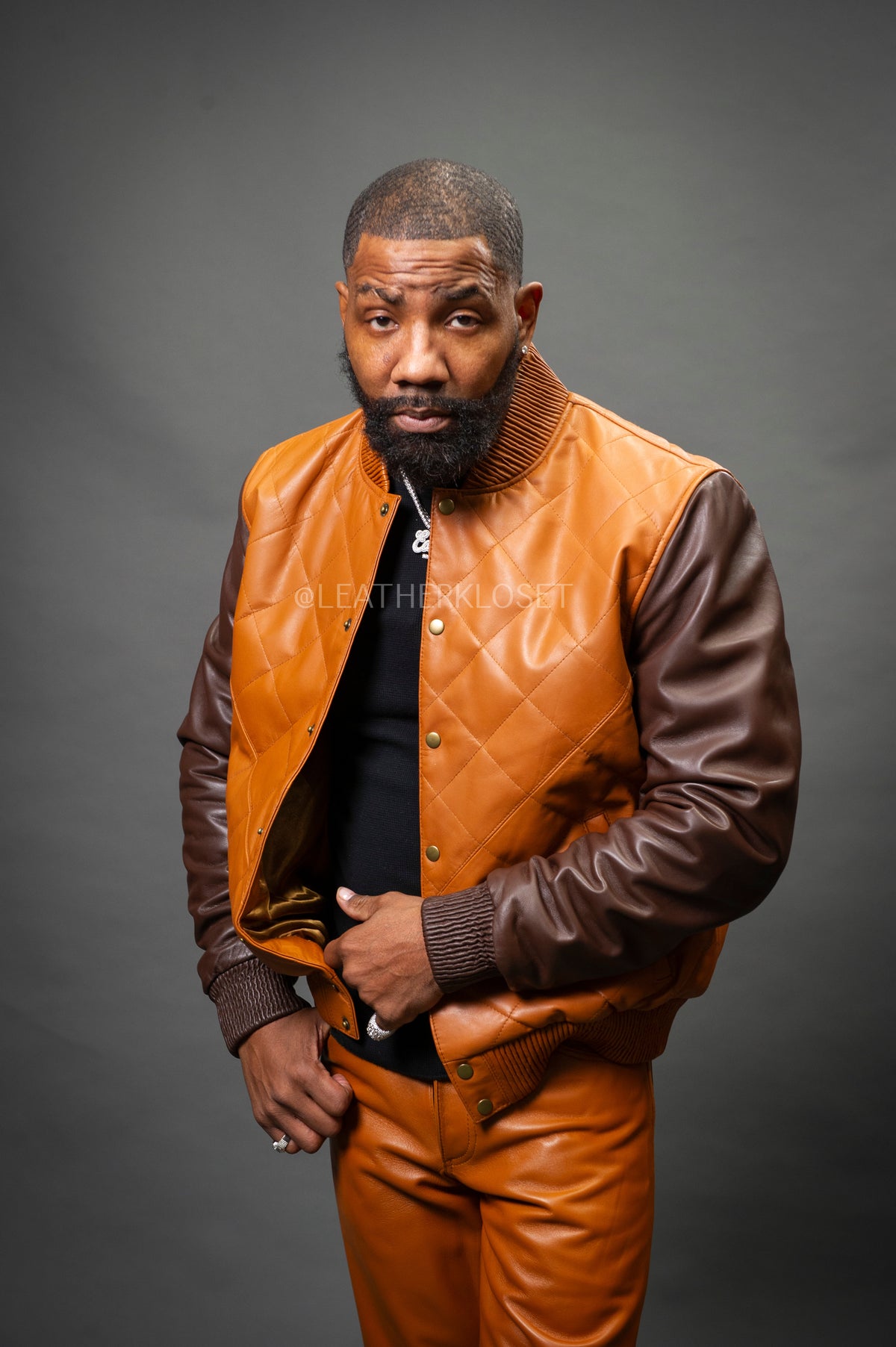 Men's Adan All-Leather Varsity Jacket [Saddle/Chocolate]