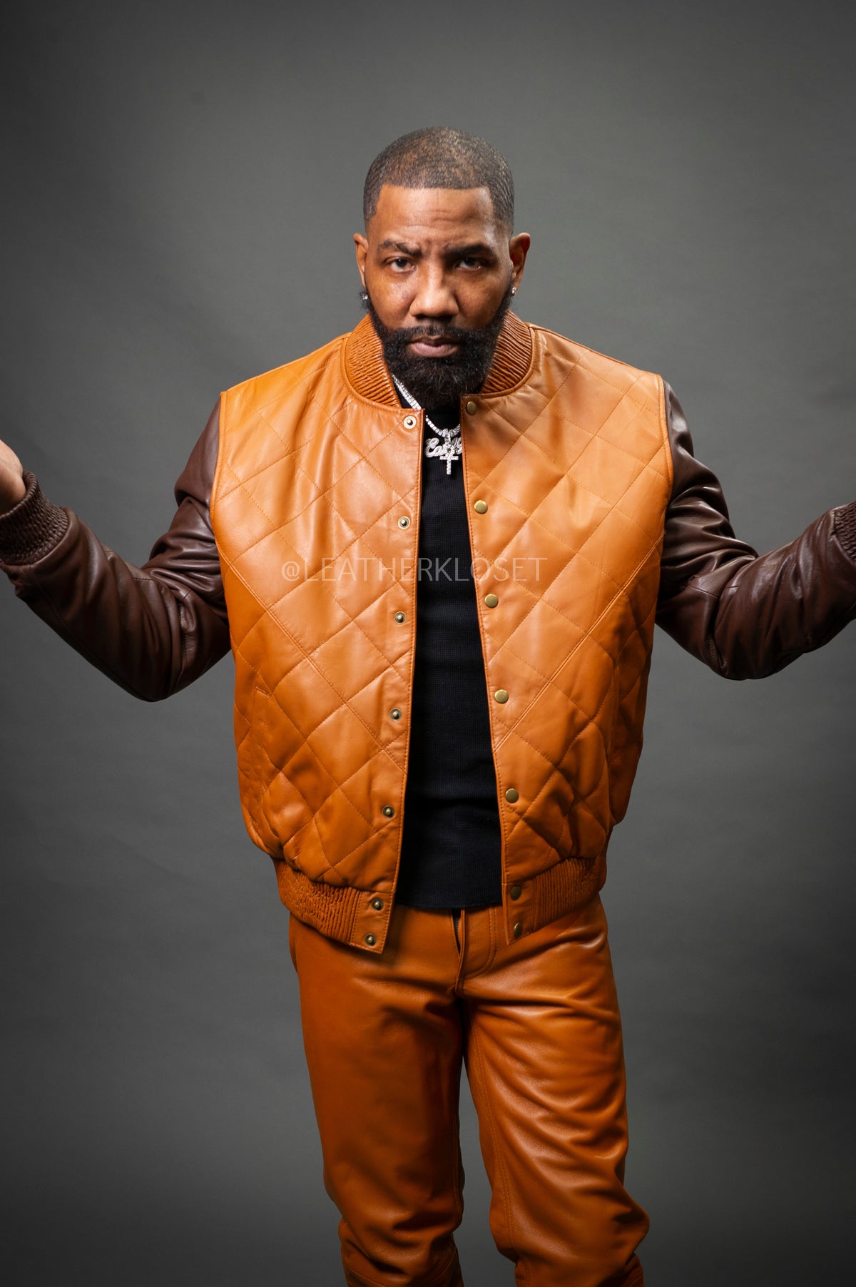 Men's Adan All-Leather Varsity Jacket [Saddle/Chocolate]
