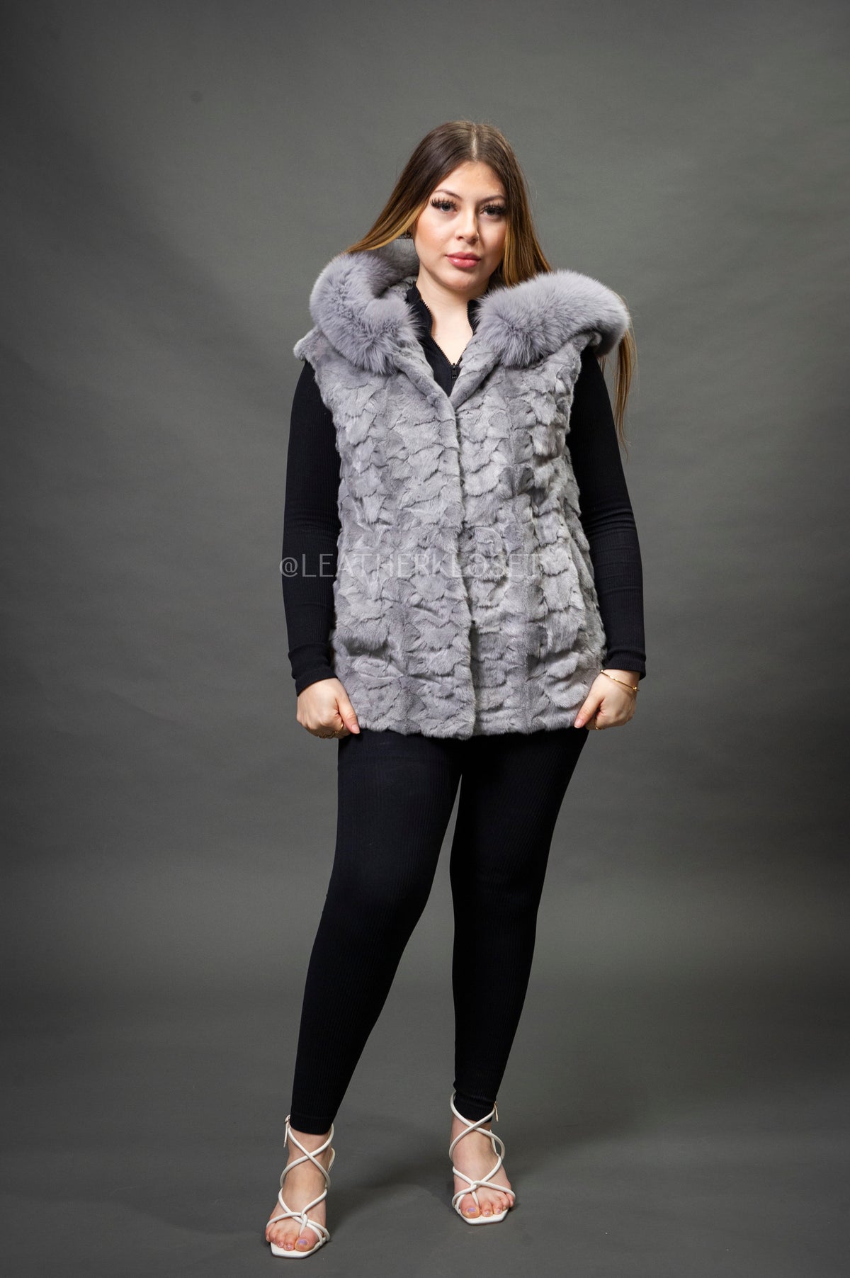 Women's Mink Vest With Hood [Grey]