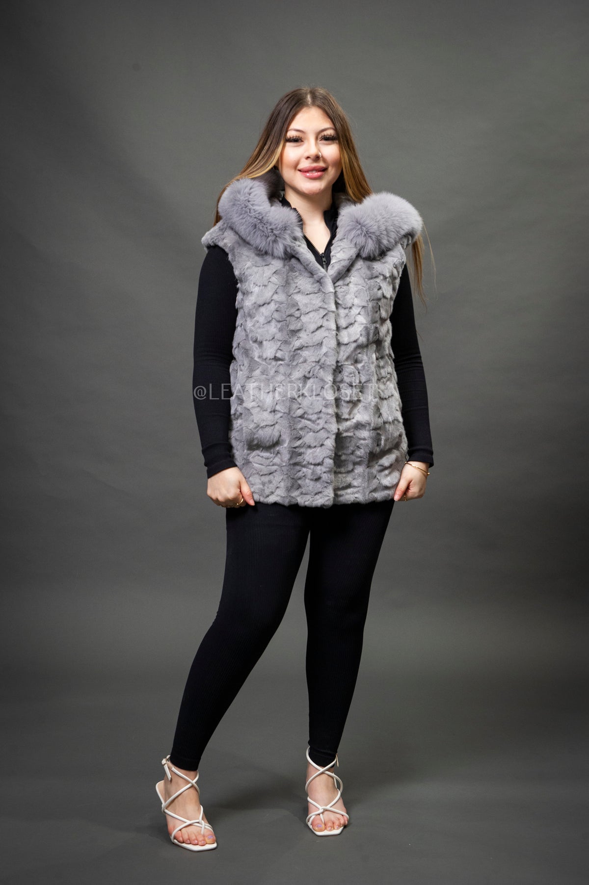 Women's Mink Vest With Hood [Grey]